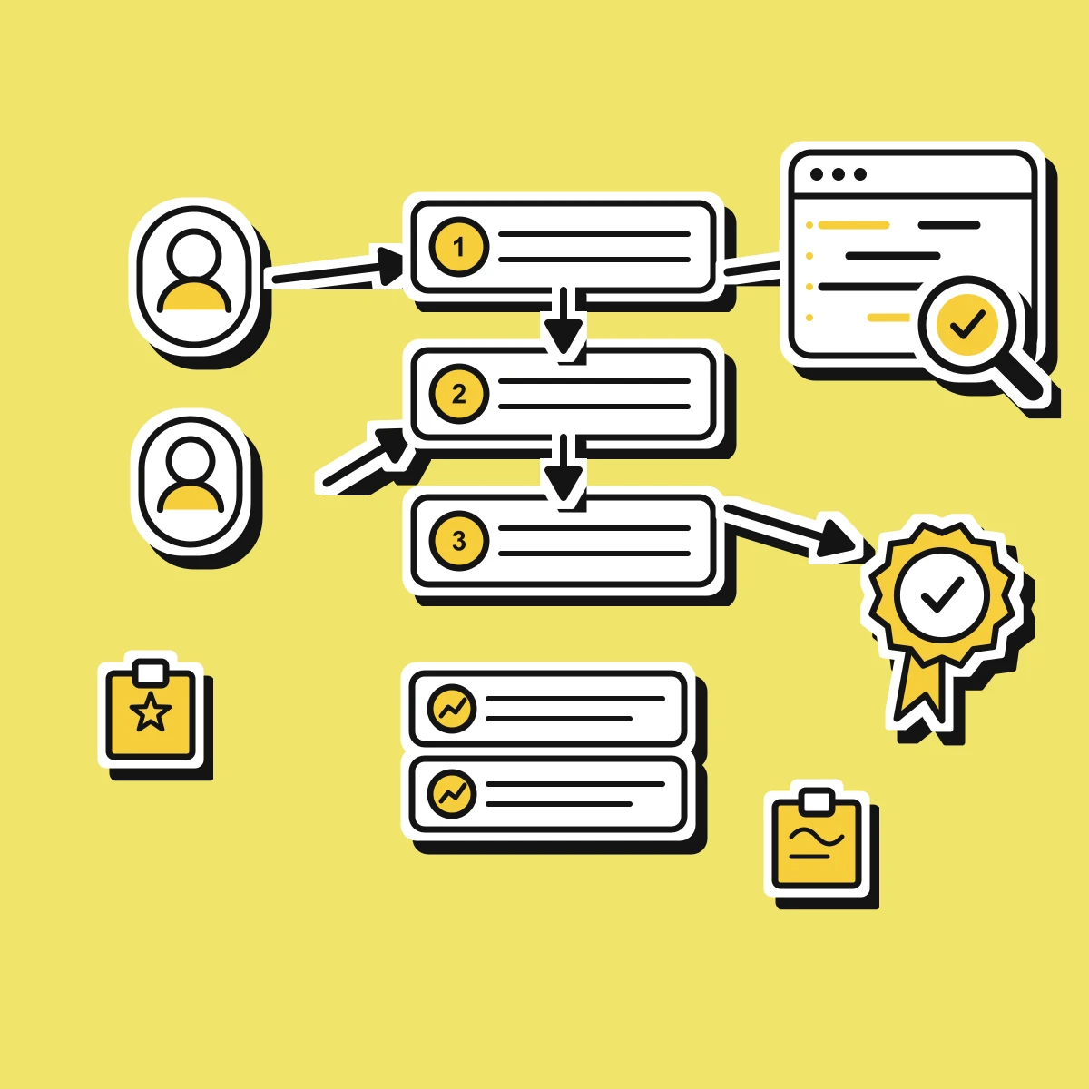 Illustration of junior developers progressing along a guided learning path with mentorship and review