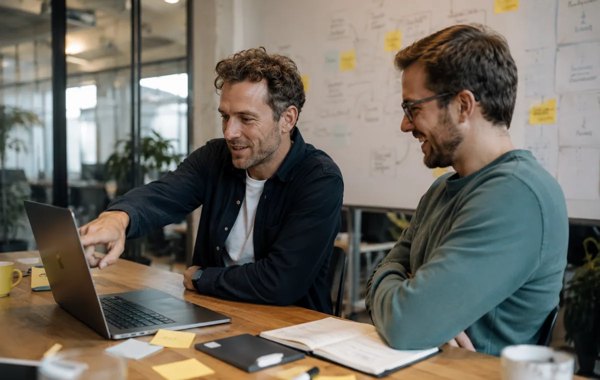Two engineers reviewing adoption evidence at a laptop